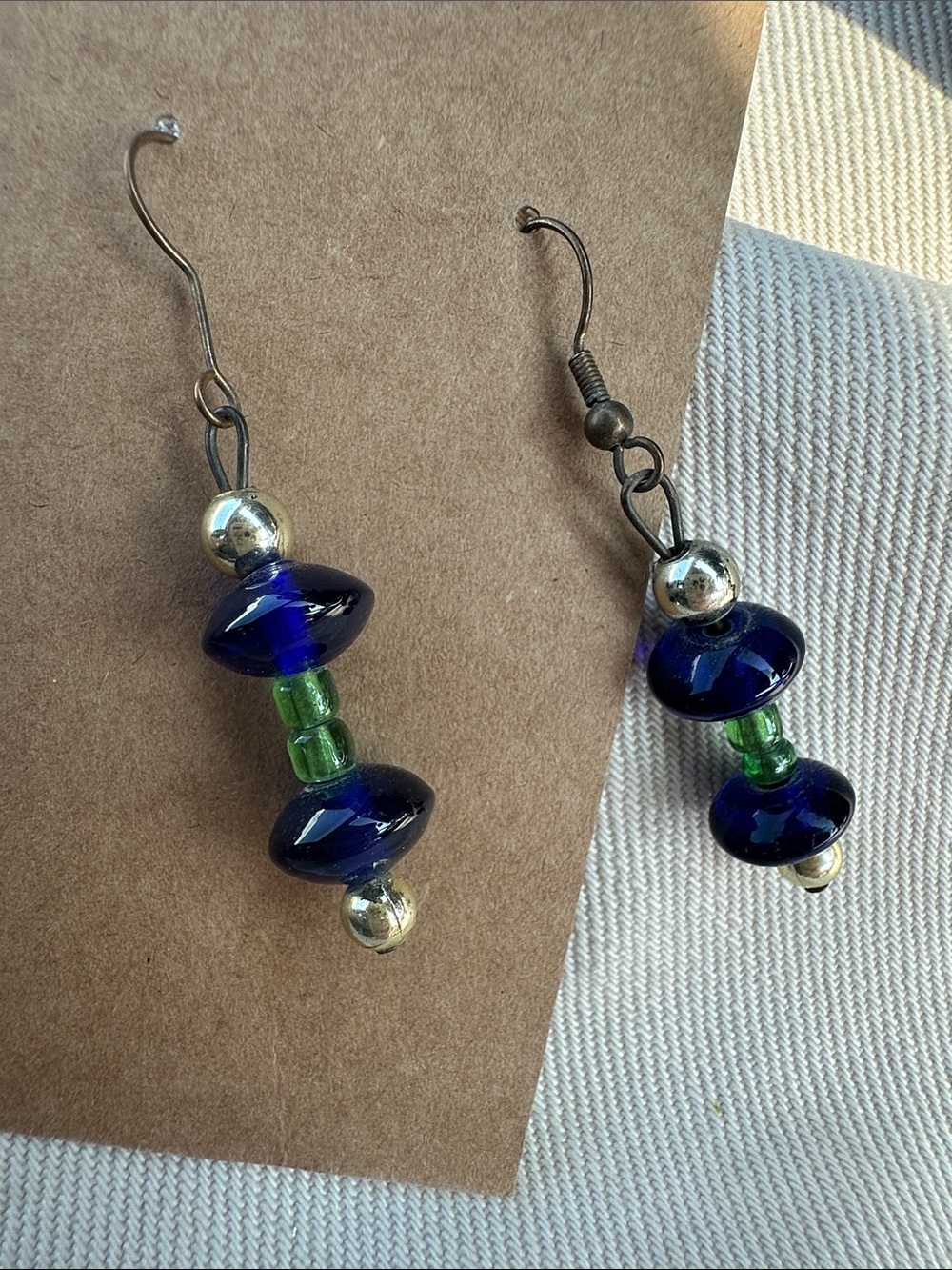 Handmade Blue and Green Glass Bead Dangle Earrings